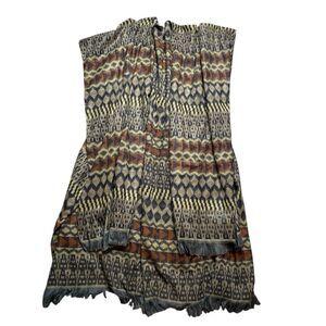 Geometric Patterned Fringe Blanket Shawl Black Orange Tan One Size